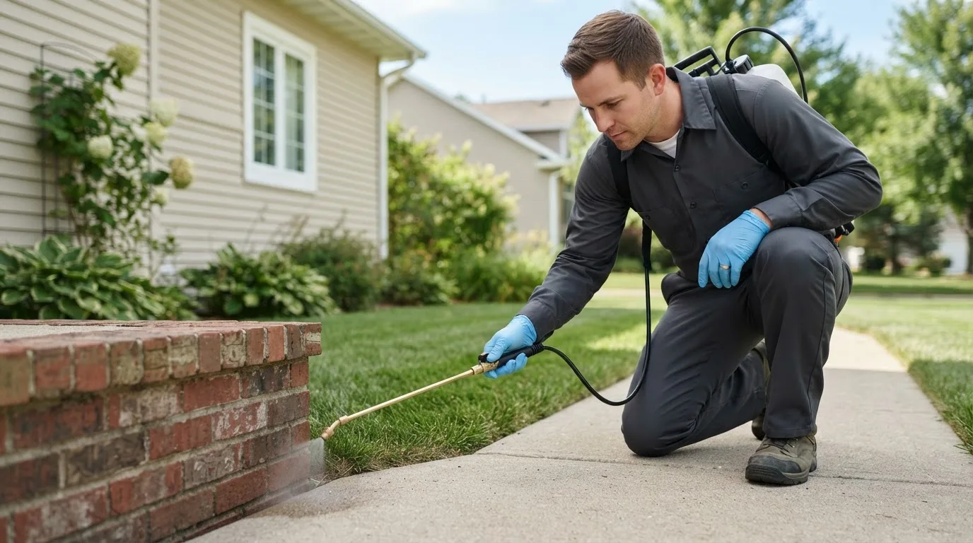 Pest control technician treating a home near Scroggins, TX