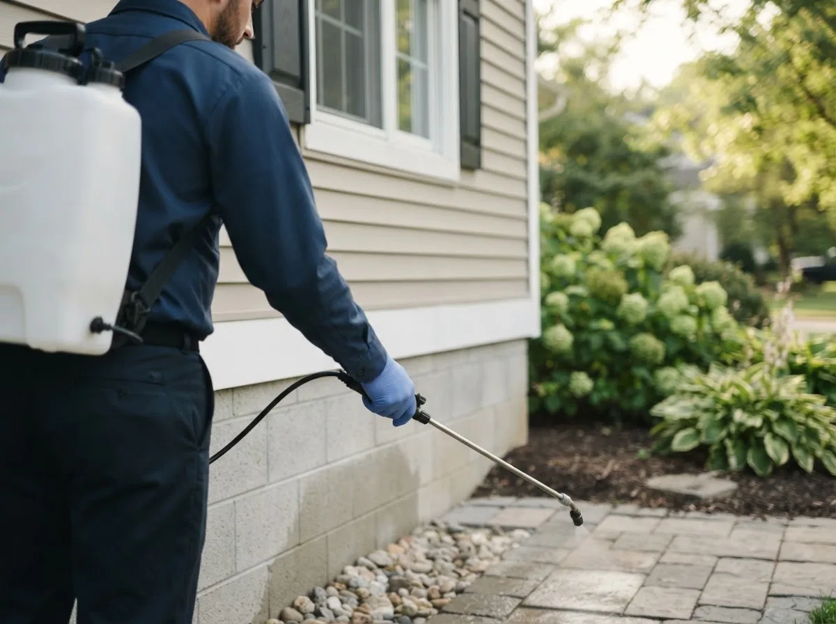 Pest control technician inspecting a home in Scroggins, TX